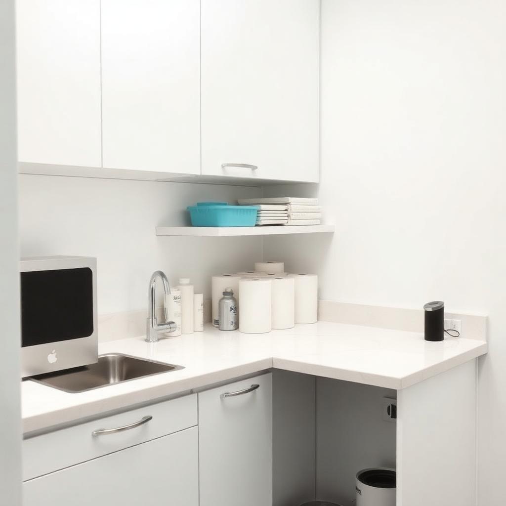 Clean office kitchenette with restocked supplies