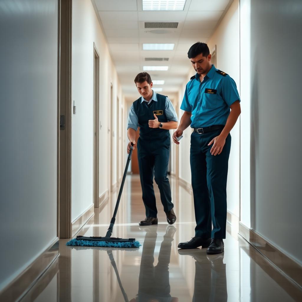 Cleaner mopping a polished office corridor